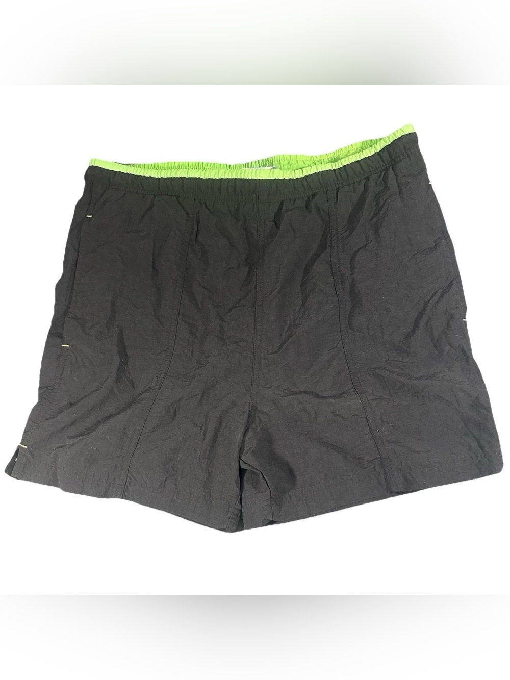 Men’s Sand N Sun Swim Trunks Black Neon Green Lined Shorts S Parachute Nylon